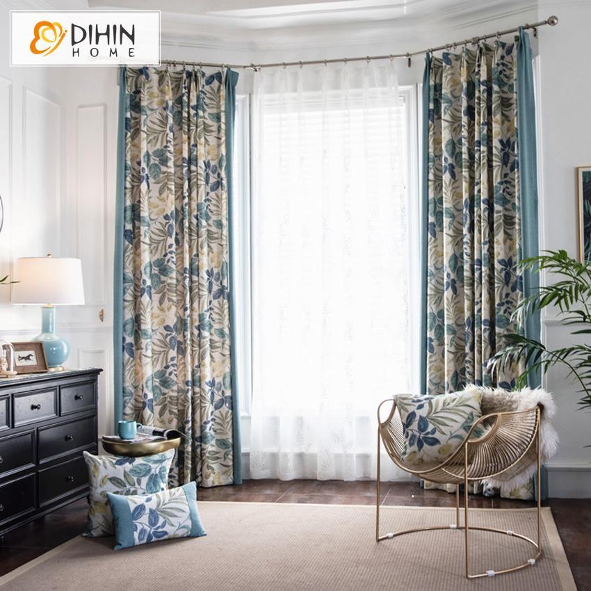 DIHIN HOME American Country Pastoral Cotton Linen Thick Fabric Printed Curtains,Blackout Grommet Window Curtain for Living Room ,52x63-inch,1 Panel