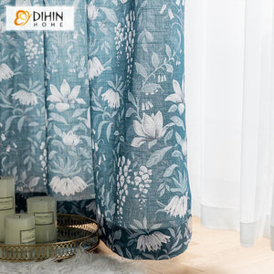 DIHINHOME Home Textile Pastoral Curtain DIHIN HOME American Pastoral Blue Flowers Printed,Blackout Grommet Window Curtain for Living Room ,52x63-inch,1 Panel