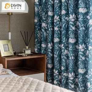 DIHINHOME Home Textile Pastoral Curtain DIHIN HOME American Pastoral Blue Flowers Printed,Blackout Grommet Window Curtain for Living Room ,52x63-inch,1 Panel