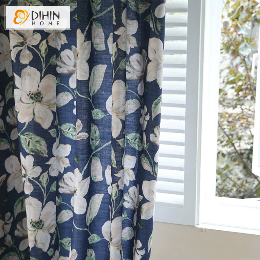 DIHINHOME Home Textile Pastoral Curtain DIHIN HOME American Pastoral Cotton Linen Blue Flower Printed,Blackout Grommet Window Curtain for Living Room ,52x63-inch,1 Panel