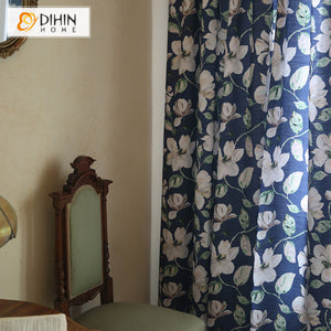 DIHINHOME Home Textile Pastoral Curtain DIHIN HOME American Pastoral Cotton Linen Blue Flower Printed,Blackout Grommet Window Curtain for Living Room ,52x63-inch,1 Panel