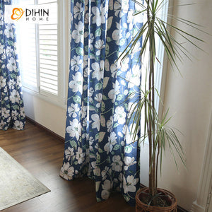 DIHINHOME Home Textile Pastoral Curtain DIHIN HOME American Pastoral Cotton Linen Blue Flower Printed,Blackout Grommet Window Curtain for Living Room ,52x63-inch,1 Panel