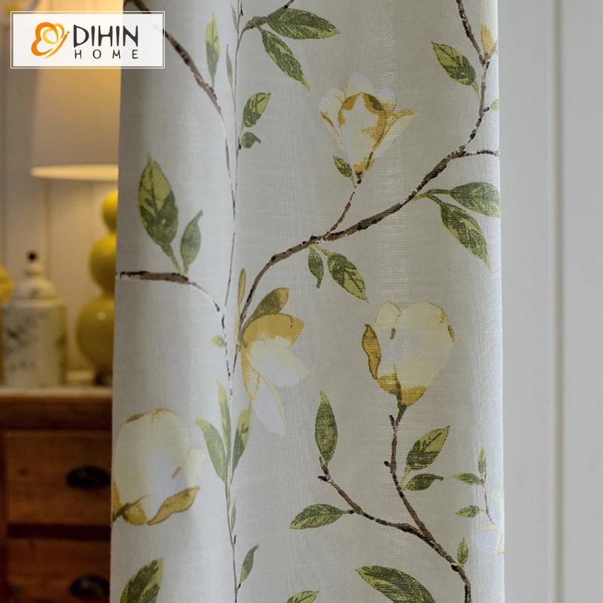 DIHIN HOME American Pastoral Cotton Linen Foral Curtain,Blackout Curtains Grommet Window Curtain for Living Room ,52x63-inch,1 Panel