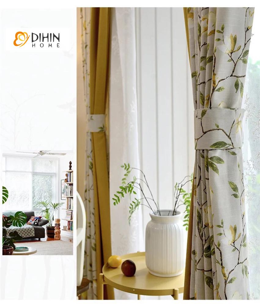 DIHIN HOME American Pastoral Cotton Linen Foral Curtain,Blackout Curtains Grommet Window Curtain for Living Room ,52x63-inch,1 Panel