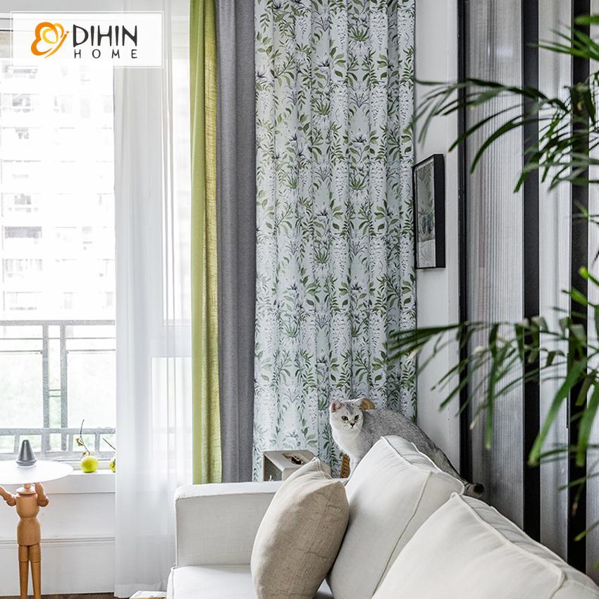 DIHINHOME Home Textile Pastoral Curtain DIHIN HOME American Pastoral Green Leaves Printed,Blackout Grommet Window Curtain for Living Room ,52x63-inch,1 Panel