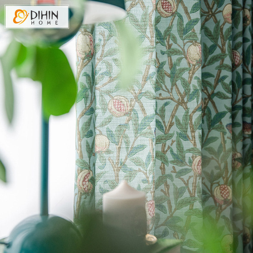 DIHINHOME Home Textile Pastoral Curtain DIHIN HOME American Pastoral High-end Green Flower Printed,Blackout Grommet Window Curtain for Living Room ,52x63-inch,1 Panel