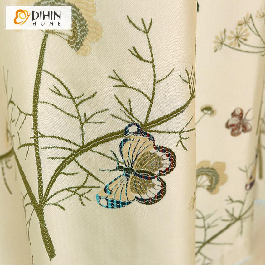 DIHIN HOME American Pastoral High-precision Thickening Butterfly Embroirdered,Blackout Curtains Grommet Window Curtain for Living Room ,52x63-inch,1 Panel