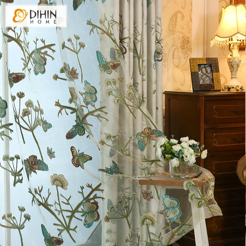DIHIN HOME American Pastoral High-precision Thickening Butterfly Embroirdered,Blackout Curtains Grommet Window Curtain for Living Room ,52x63-inch,1 Panel
