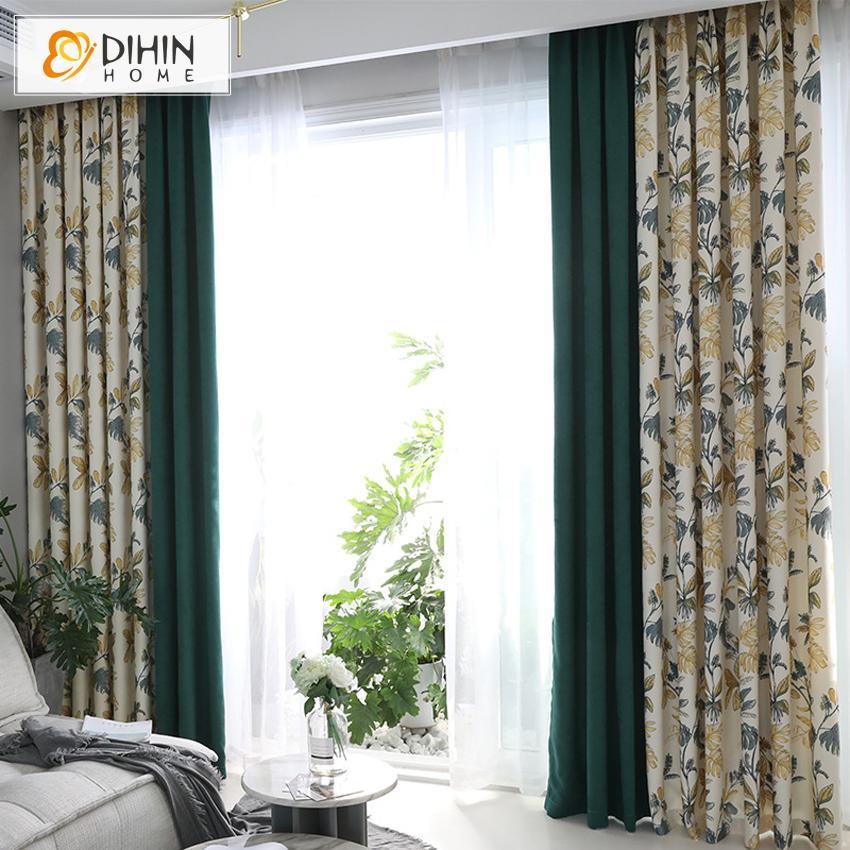 DIHIN HOME American Pastoral Leaves Printed,Blackout Grommet Window Curtain for Living Room ,52x63-inch,1 Panel