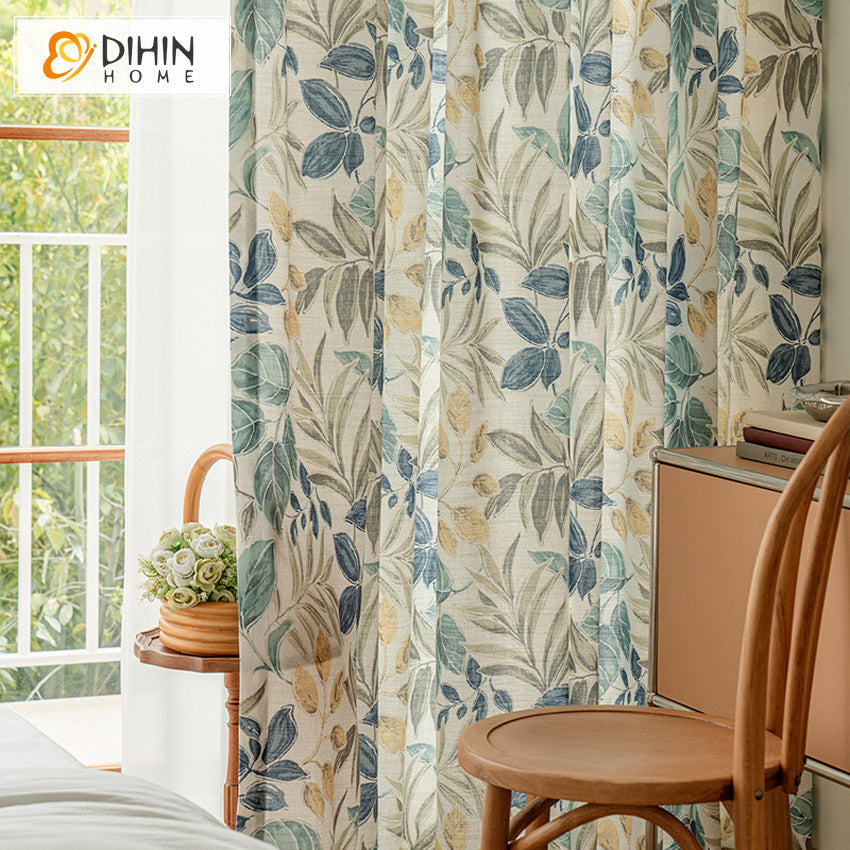 DIHINHOME Home Textile Pastoral Curtain DIHIN HOME American Pastoral Leaves Printed,Blackout Grommet Window Curtain for Living Room ,52x63-inch,1 Panel