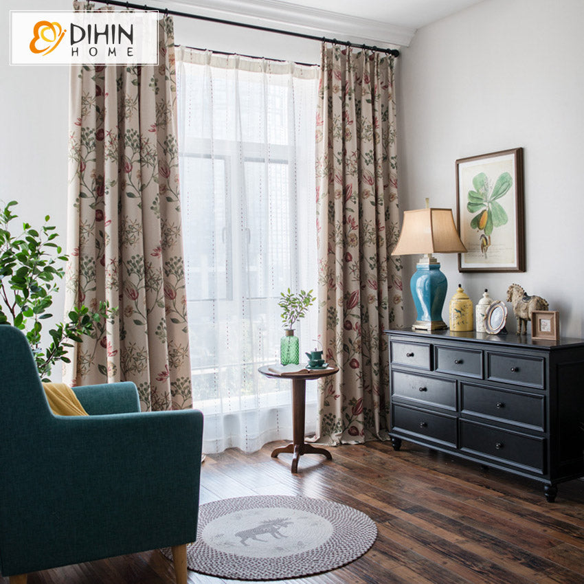 DIHINHOME Home Textile Pastoral Curtain DIHIN HOME American Pastoral Nice Flowers Printed,Blackout Grommet Window Curtain for Living Room,1 Panel