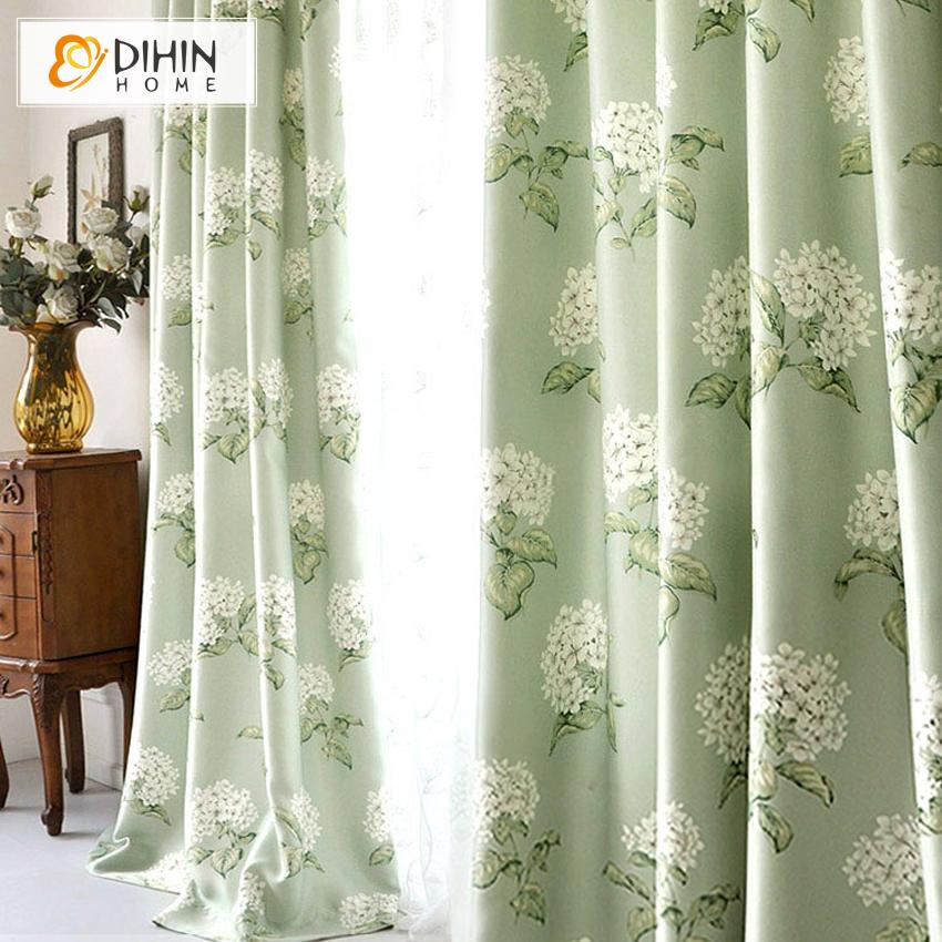 DIHINHOME Home Textile Pastoral Curtain DIHIN HOME American Pastoral White Flowers Printed,Blackout Grommet Window Curtain for Living Room ,52x63-inch,1 Panel
