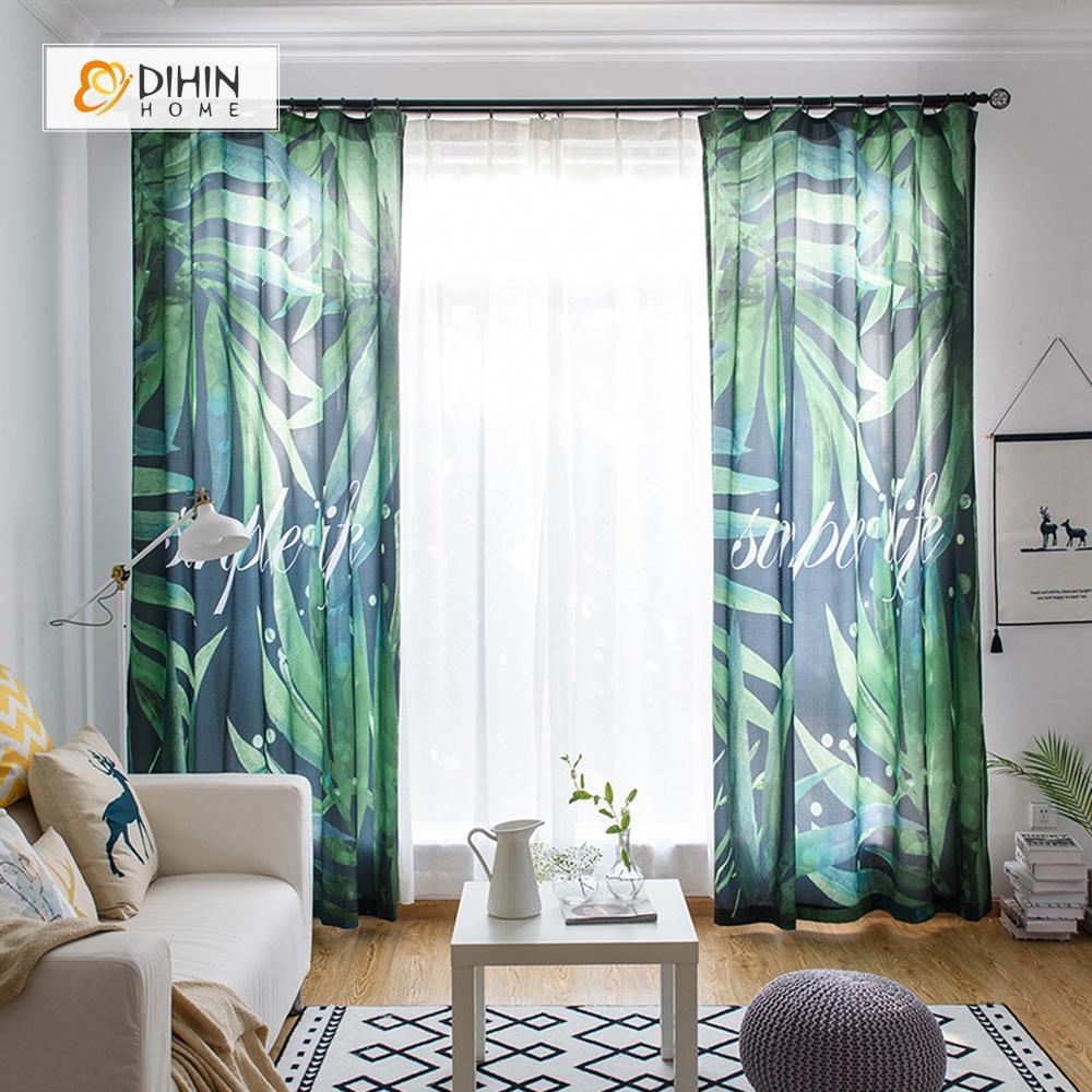 DIHINHOME Home Textile Pastoral Curtain DIHIN HOME Big Green Leaf Printed，Blackout Grommet Window Curtain for Living Room ,52x63-inch,1 Panel