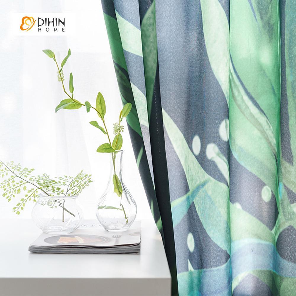 DIHINHOME Home Textile Pastoral Curtain DIHIN HOME Big Green Leaf Printed，Blackout Grommet Window Curtain for Living Room ,52x63-inch,1 Panel