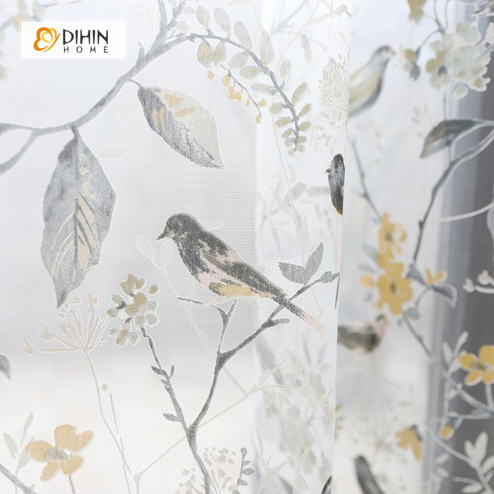 DIHINHOME Home Textile Pastoral Curtain DIHIN HOME Bird Flower and Branch Printed，Blackout Grommet Window Curtain for Living Room ,52x63-inch,1 Panel