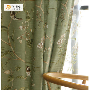 DIHINHOME Home Textile Pastoral Curtain DIHIN HOME Birds and Plants Printed ,Cotton Linen ,Blackout Grommet Window Curtain for Living Room ,52x63-inch,1 Panel