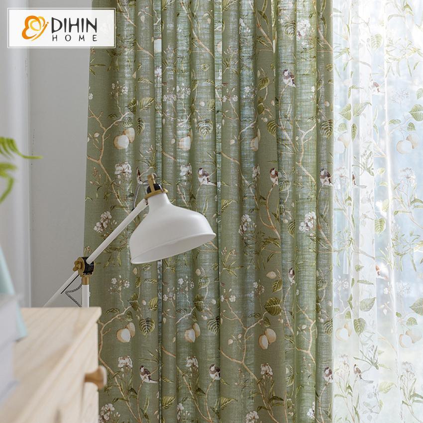 DIHINHOME Home Textile Pastoral Curtain DIHIN HOME Birds on Branch Printed,Blackout Grommet Window Curtain for Living Room ,52x63-inch,1 Panel
