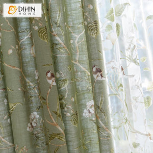 DIHINHOME Home Textile Pastoral Curtain DIHIN HOME Birds on Branch Printed,Blackout Grommet Window Curtain for Living Room ,52x63-inch,1 Panel