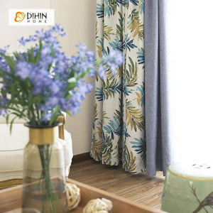 DIHINHOME Home Textile Pastoral Curtain DIHIN HOME Blue and Yellow Leaf Printed，Blackout Grommet Window Curtain for Living Room ,52x63-inch,1 Panel