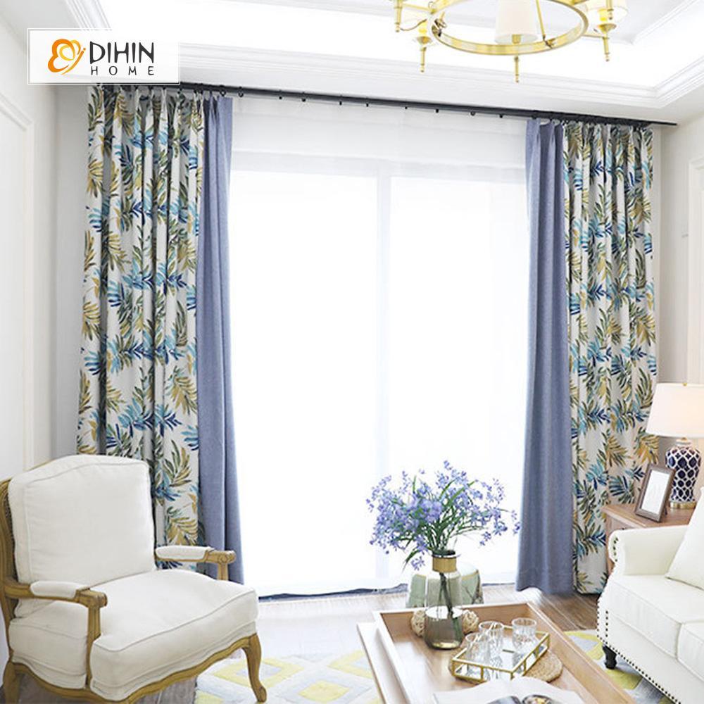 DIHINHOME Home Textile Pastoral Curtain DIHIN HOME Blue and Yellow Leaf Printed，Blackout Grommet Window Curtain for Living Room ,52x63-inch,1 Panel