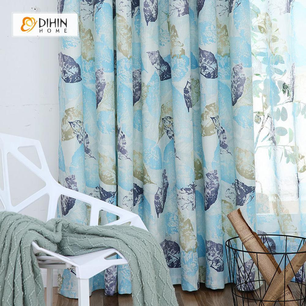 DIHINHOME Home Textile Pastoral Curtain DIHIN HOME Blue and Yellow Leaves Printed，Blackout Grommet Window Curtain for Living Room ,52x63-inch,1 Panel