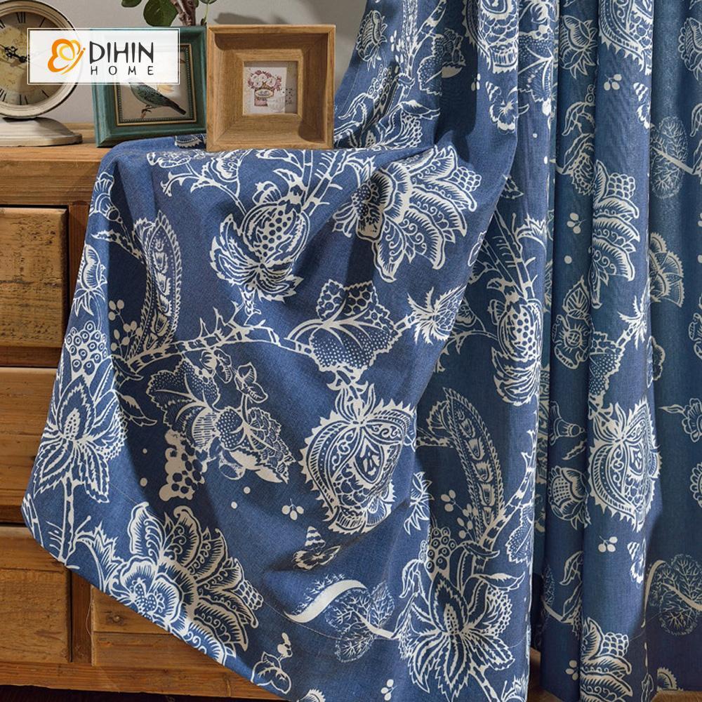 DIHINHOME Home Textile Pastoral Curtain DIHIN HOME Blue Begonia Flower Embroidered Curtain ,Cotton Linen ,Blackout Grommet Window Curtain for Living Room ,52x63-inch,1 Panel