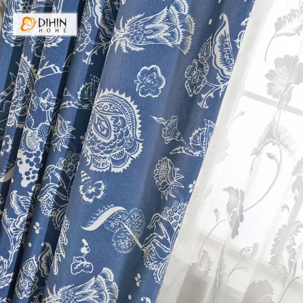 DIHINHOME Home Textile Pastoral Curtain DIHIN HOME Blue Begonia Flower Embroidered Curtain ,Cotton Linen ,Blackout Grommet Window Curtain for Living Room ,52x63-inch,1 Panel