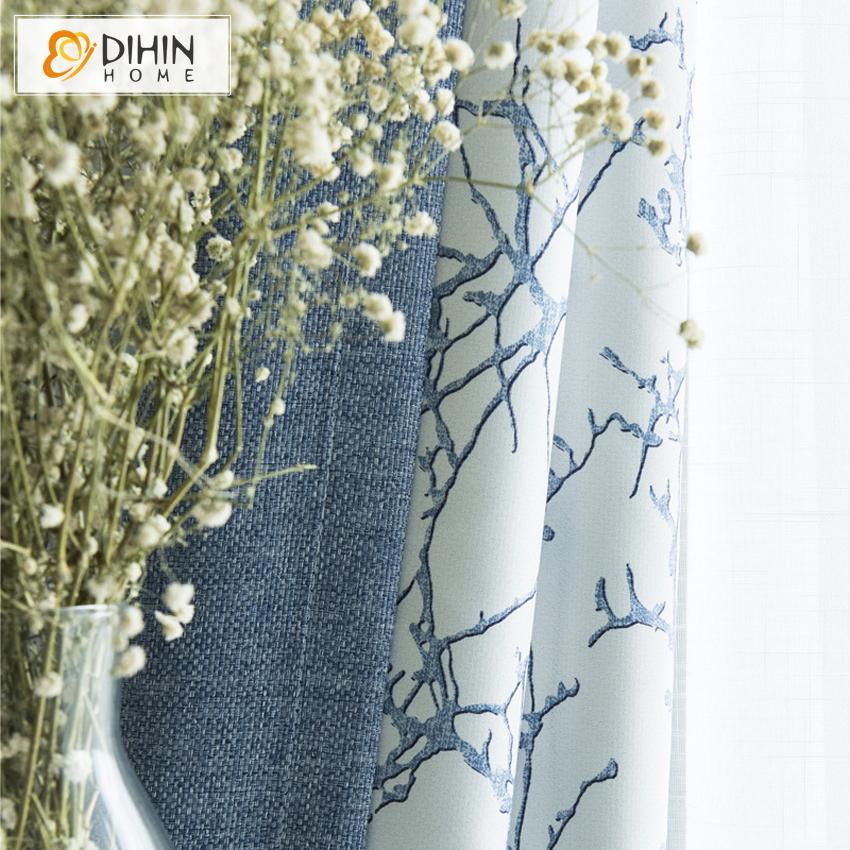 DIHINHOME Home Textile Pastoral Curtain DIHIN HOME Blue Branch Printed,Blackout Grommet Window Curtain for Living Room ,52x63-inch,1 Panel