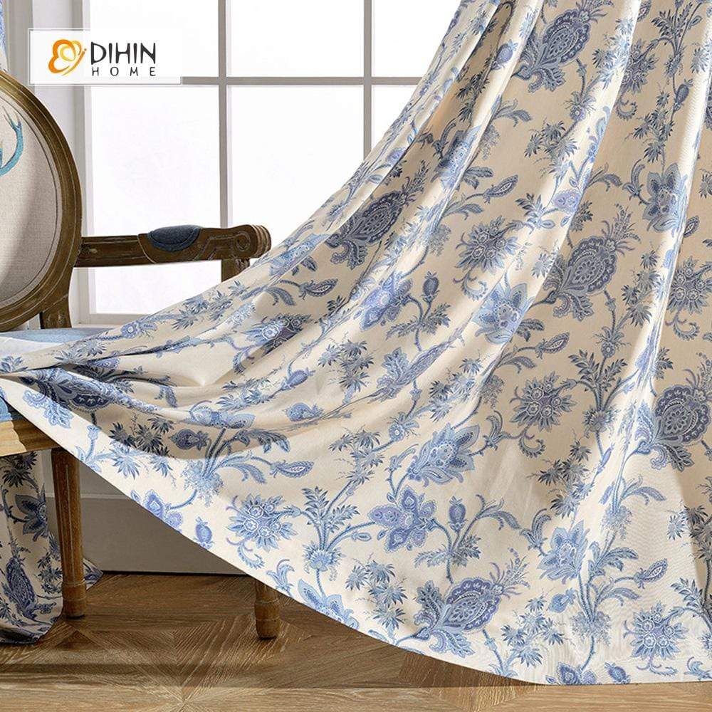DIHINHOME Home Textile Pastoral Curtain DIHIN HOME Blue Flower Printed ,Cotton Linen ,Blackout Grommet Window Curtain for Living Room ,52x63-inch,1 Panel