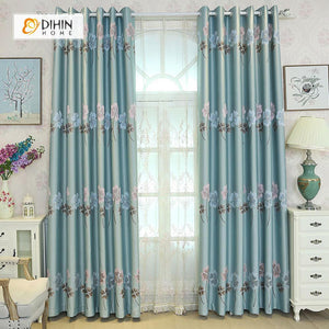 DIHINHOME Home Textile Pastoral Curtain DIHIN HOME Blue Four-leaf Clovers Embroidered，Blackout Grommet Window Curtain for Living Room ,52x63-inch,1 Panel