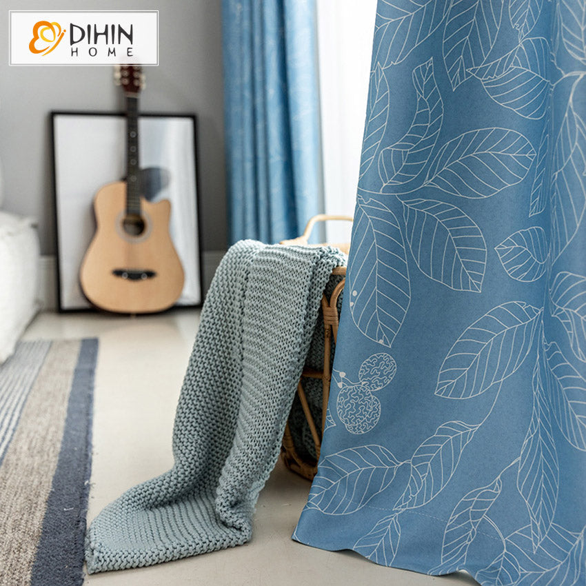 DIHINHOME Home Textile Pastoral Curtain DIHIN HOME Blue High-precision Leaf Printing Curtains,Grommet Window Curtain for Living Room ,52x63-inch,1 Panel