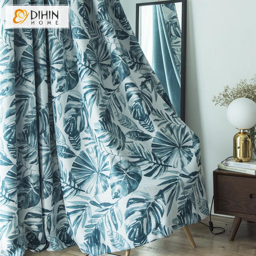 DIHINHOME Home Textile Pastoral Curtain DIHIN HOME Blue Huge Leaves Printed,Blackout Grommet Window Curtain for Living Room ,52x63-inch,1 Panel