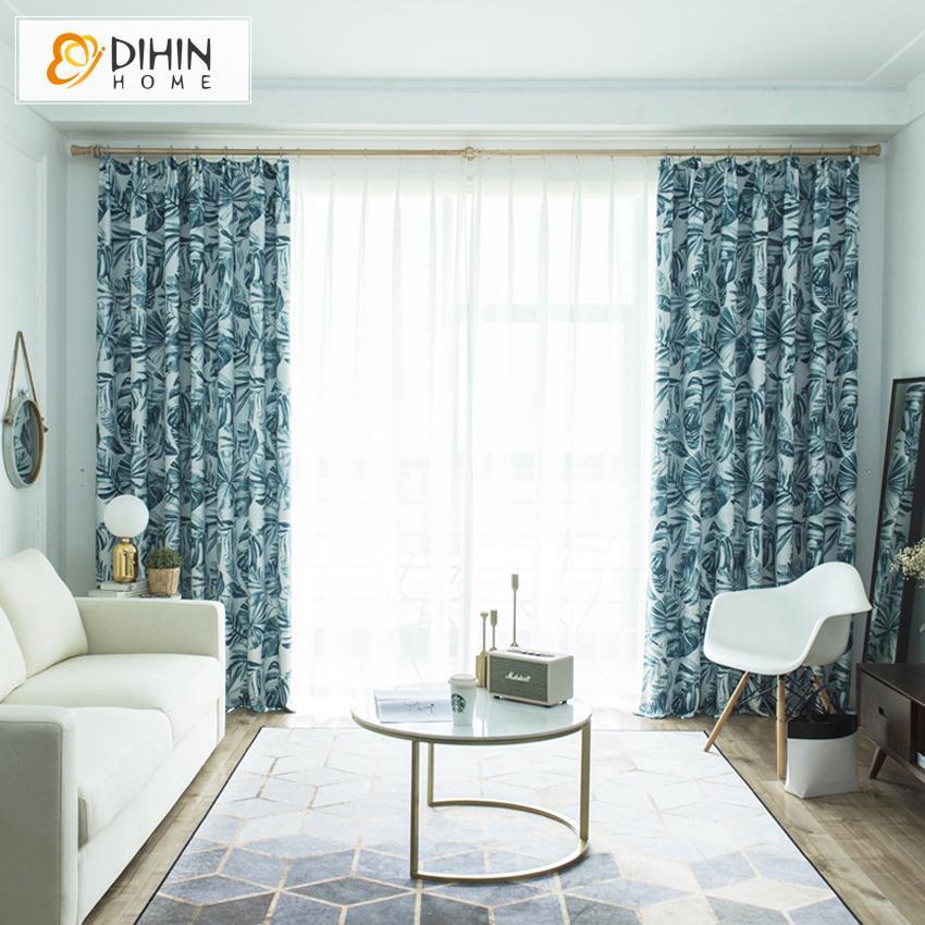 DIHINHOME Home Textile Pastoral Curtain DIHIN HOME Blue Huge Leaves Printed,Blackout Grommet Window Curtain for Living Room ,52x63-inch,1 Panel