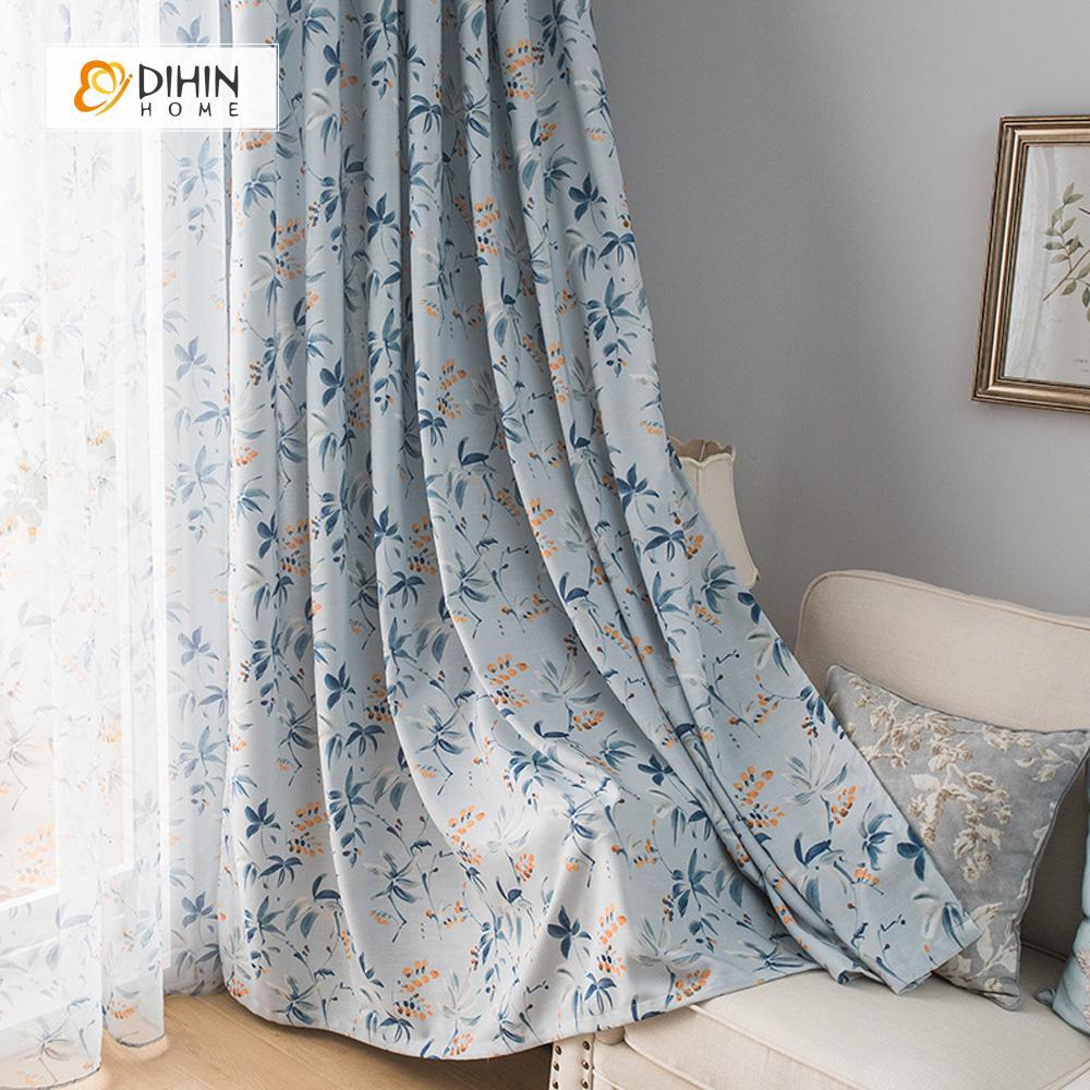 DIHINHOME Home Textile Pastoral Curtain DIHIN HOME Blue Leaves Yellow Bud Printed，Blackout Grommet Window Curtain for Living Room ,52x63-inch,1 Panel