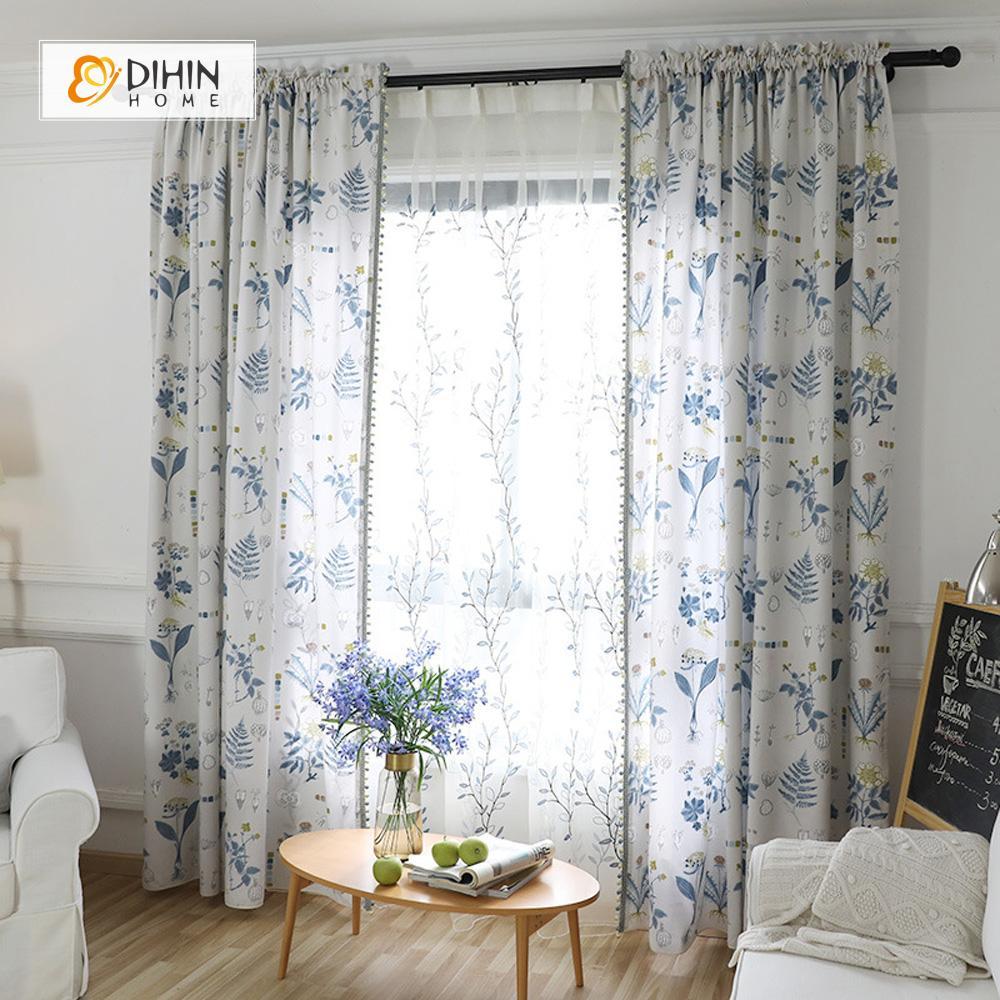 DIHINHOME Home Textile Pastoral Curtain DIHIN HOME Blue Leaves Yellow Flowers Printed，Blackout Grommet Window Curtain for Living Room ,52x63-inch,1 Panel