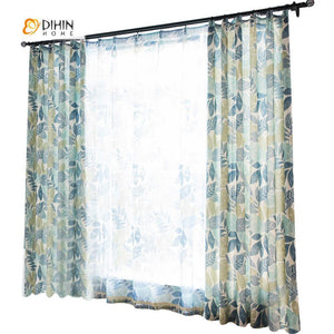 DIHINHOME Home Textile Pastoral Curtain DIHIN HOME Blue Yellow Leaves Printed，Blackout Grommet Window Curtain for Living Room ,52x63-inch,1 Panel