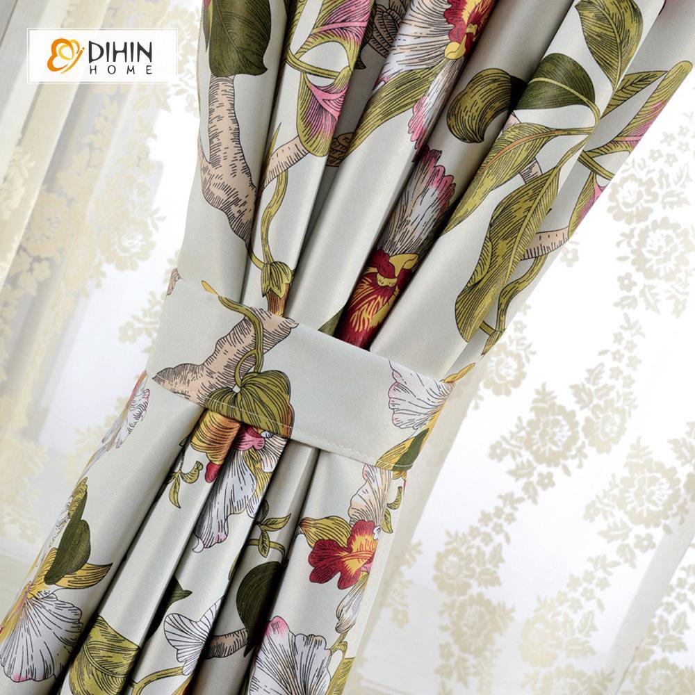 DIHINHOME Home Textile Pastoral Curtain DIHIN HOME Branch and Flowers Printed，Blackout Grommet Window Curtain for Living Room ,52x63-inch,1 Panel
