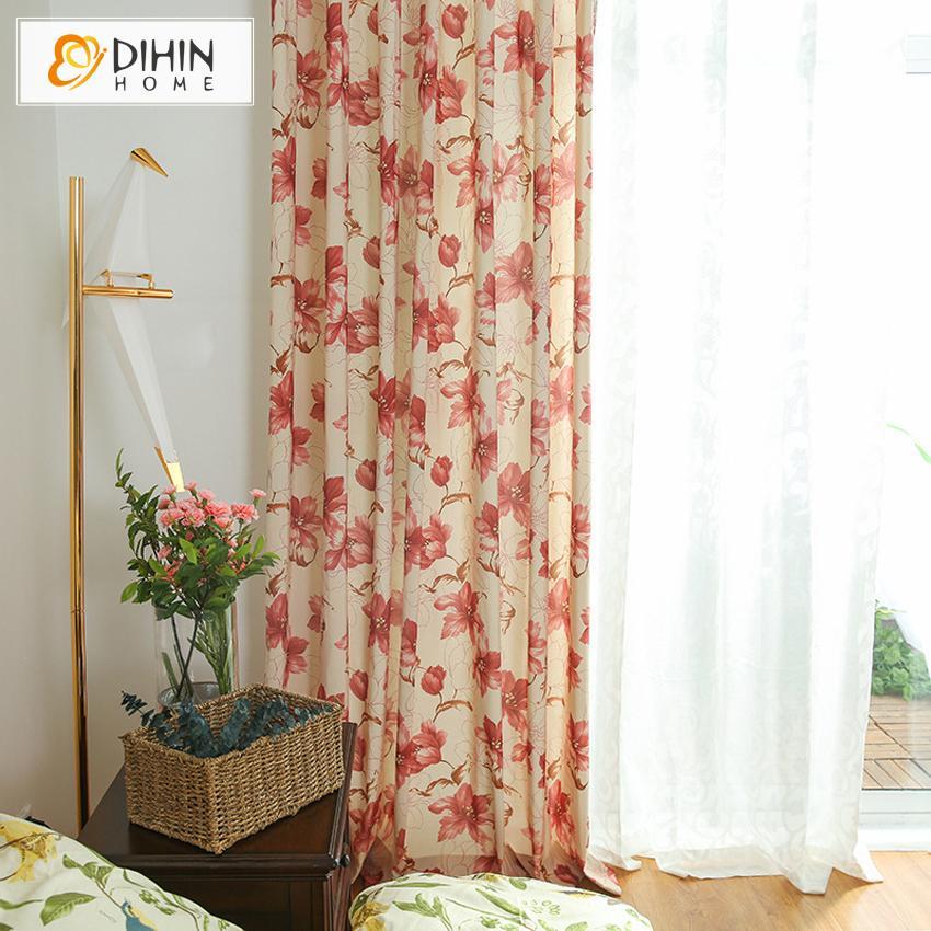 DIHINHOME Home Textile Pastoral Curtain DIHIN HOME Bright Red Flowers Printed,Blackout Grommet Window Curtain for Living Room ,52x63-inch,1 Pane