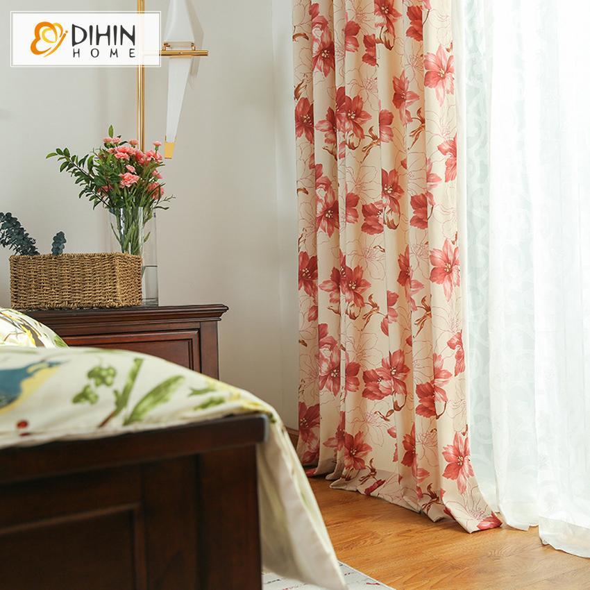 DIHINHOME Home Textile Pastoral Curtain DIHIN HOME Bright Red Flowers Printed,Blackout Grommet Window Curtain for Living Room ,52x63-inch,1 Pane