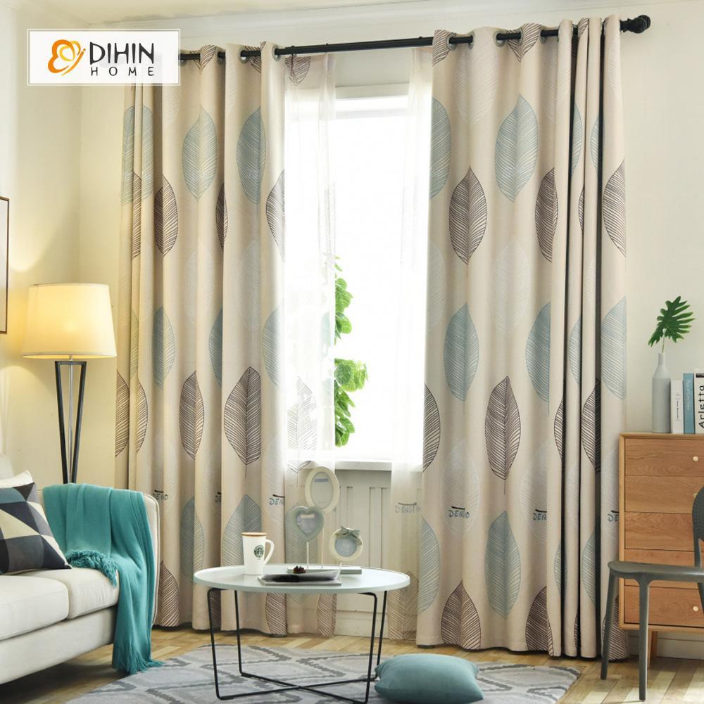 DIHINHOME Home Textile Pastoral Curtain DIHIN HOME Brown and Blue Lines Leaves Printed，Blackout Grommet Window Curtain for Living Room ,52x63-inch,1 Panel
