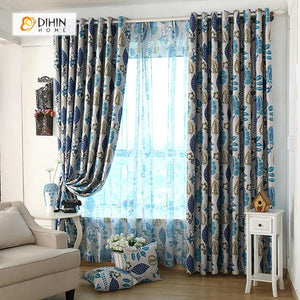 DIHINHOME Home Textile Pastoral Curtain DIHIN HOME Brown and Blue Leaves Printed，Blackout Grommet Window Curtain for Living Room ,52x63-inch,1 Panel