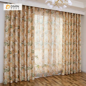 DIHINHOME Home Textile Pastoral Curtain DIHIN HOME Brown and Green Leaves Printed，Blackout Grommet Window Curtain for Living Room ,52x63-inch,1 Panel