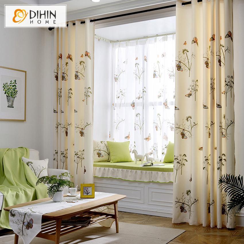 DIHINHOME Home Textile Pastoral Curtain DIHIN HOME Butterflies and Dandelions Printed,Blackout Grommet Window Curtain for Living Room ,52x63-inch,1 Panel