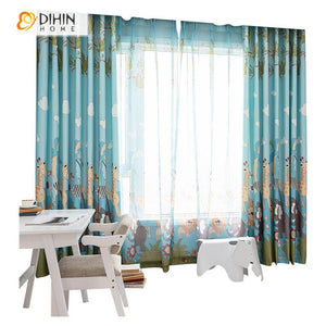 DIHIN HOME Cartoon Animal Blue Color Printed Curtains ,Blackout Grommet Window Curtain for Living Room ,52x63-inch,1 Panel