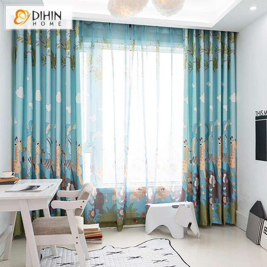 DIHIN HOME Cartoon Animal Blue Color Printed Curtains ,Blackout Grommet Window Curtain for Living Room ,52x63-inch,1 Panel