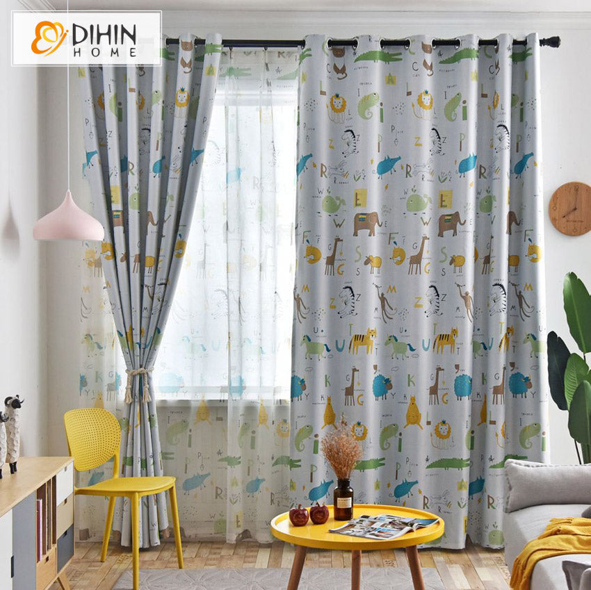 DIHIN HOME Cartoon Children Animals Printed,Blackout Curtains Grommet Window Curtain for Living Room ,52x63-inch,1 Panel
