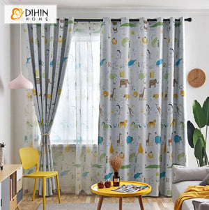 DIHINHOME Home Textile Pastoral Curtain DIHIN HOME Cartoon Children Animals Printed,Blackout Curtains Grommet Window Curtain for Living Room ,52x63-inch,1 Panel