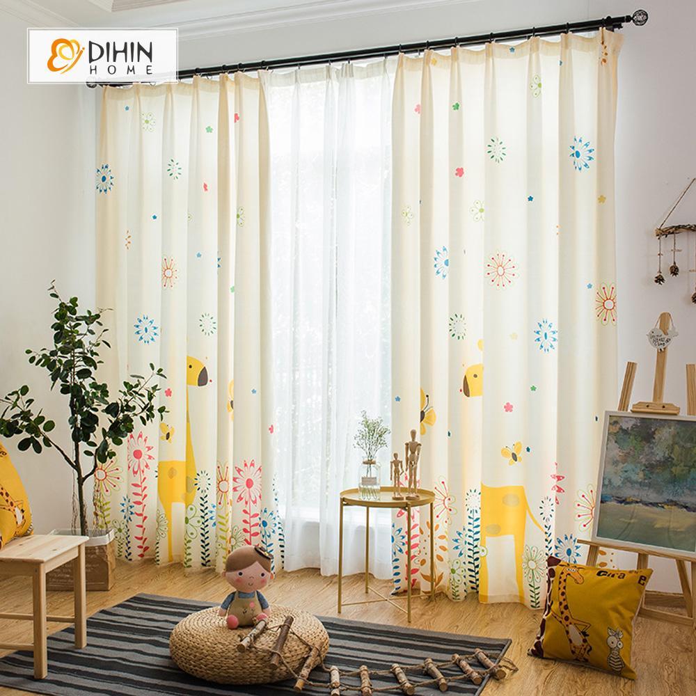 DIHINHOME Home Textile Pastoral Curtain DIHIN HOME Cartoon Colorful Flowers Printed，Blackout Grommet Window Curtain for Living Room ,52x63-inch,1 Panel