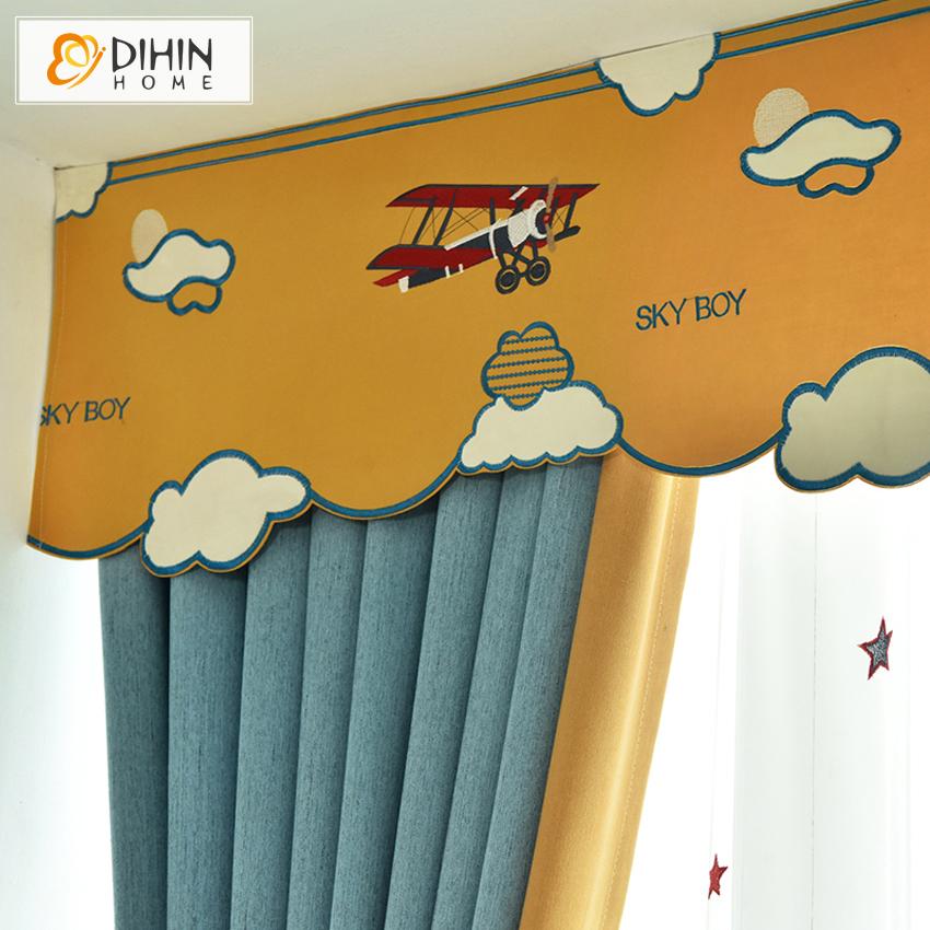 DIHIN HOME Cartoon Sky Boy Embroidered Curtain With Valance,Blackout Curtains Grommet Window Curtain for Living Room ,52x84-inch,1 Panel