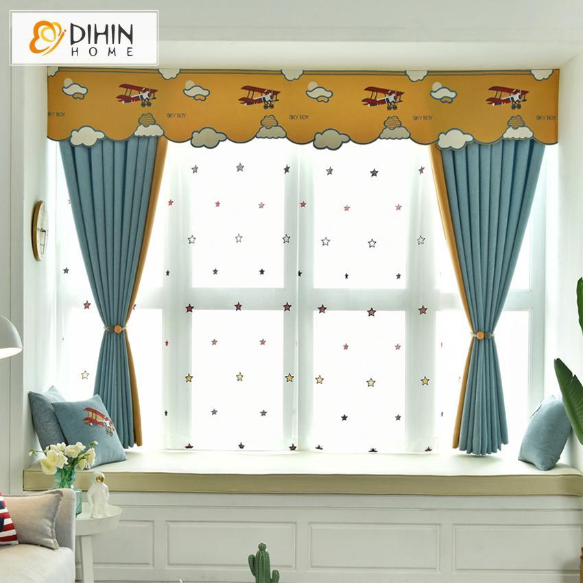 DIHIN HOME Cartoon Sky Boy Embroidered Curtain With Valance,Blackout Curtains Grommet Window Curtain for Living Room ,52x84-inch,1 Panel